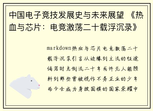 中国电子竞技发展史与未来展望 《热血与芯片：电竞激荡二十载浮沉录》